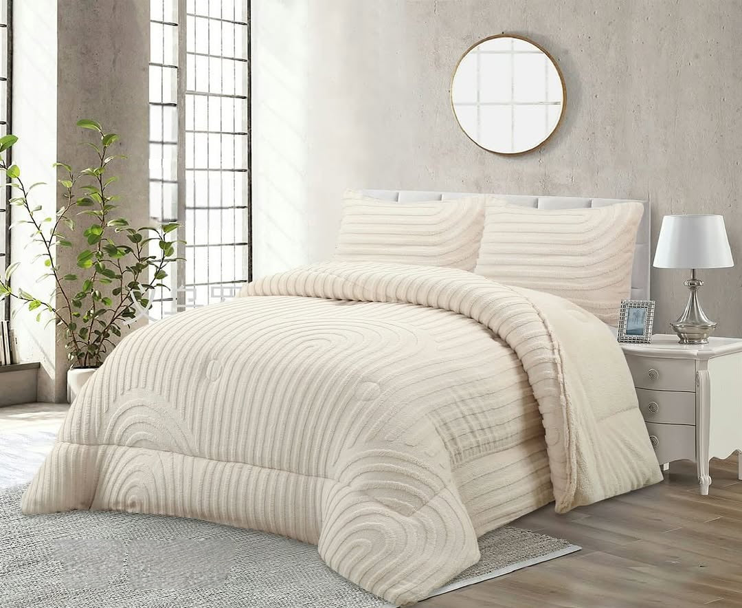 Edredón con Borrego Modelo Curvas – 230 x 250 cm - COLOR CREMA