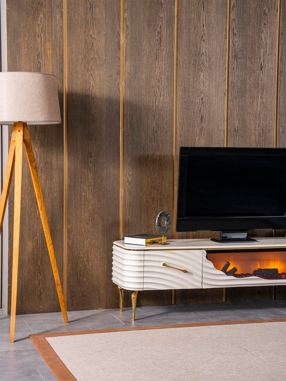 Móvel TV com lareira digital - Branco com detalhes dourados