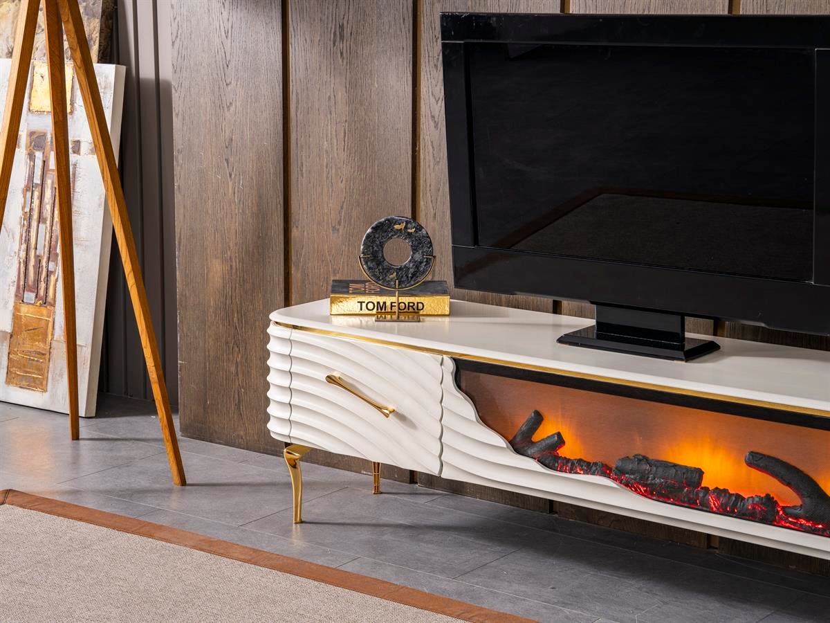 Móvel TV com lareira digital - Branco com detalhes dourados