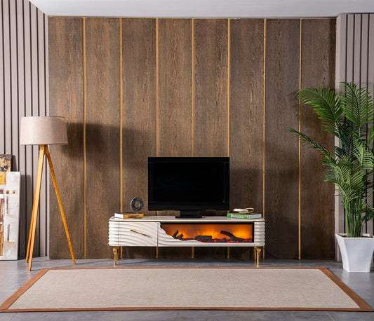 Mesa de TV con chimenea digital - BLANCO CON DETALLES EN DORADO