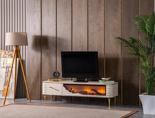 Mesa de TV con chimenea digital - BLANCO CON DETALLES EN DORADO