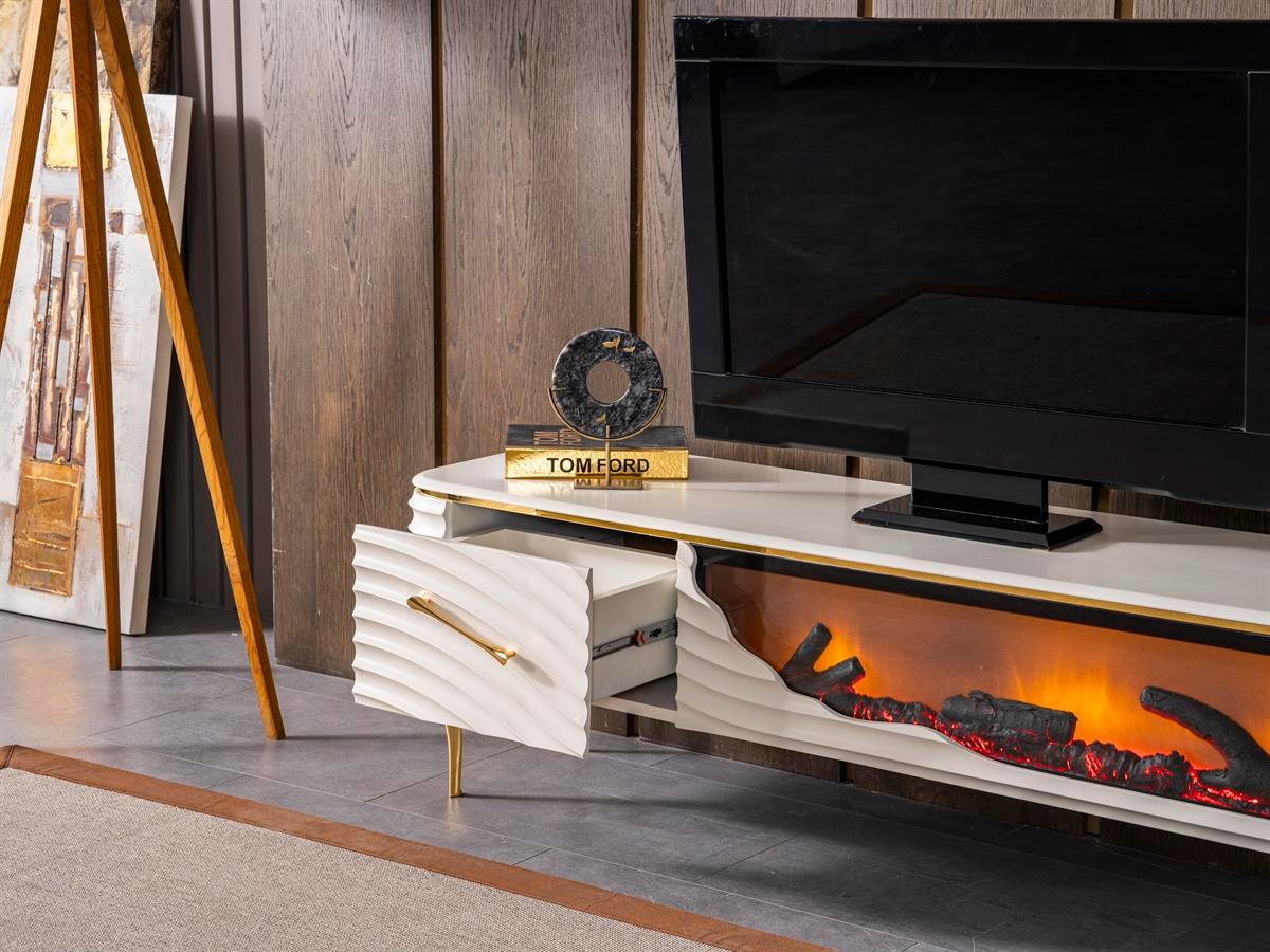Móvel TV com lareira digital - Branco com detalhes dourados