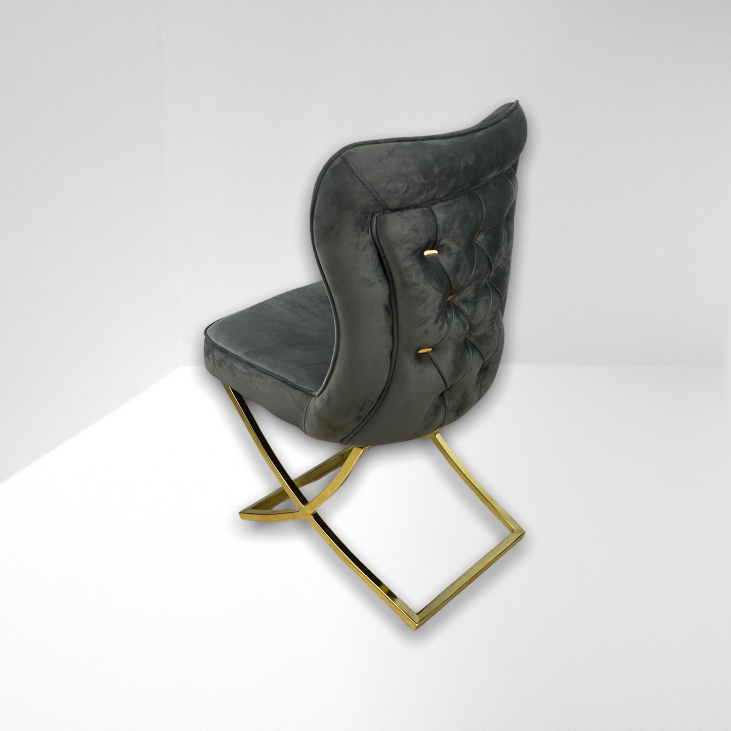 Silla terciopelo para comedor CLOWER SANDALYE V27  gris oscuro ganchos dorado, pata metal dorado