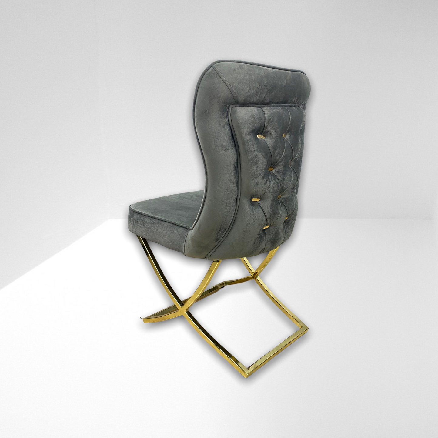 Silla terciopelo para comedor CLOWER SANDALYE V27  gris oscuro ganchos dorado, pata metal dorado