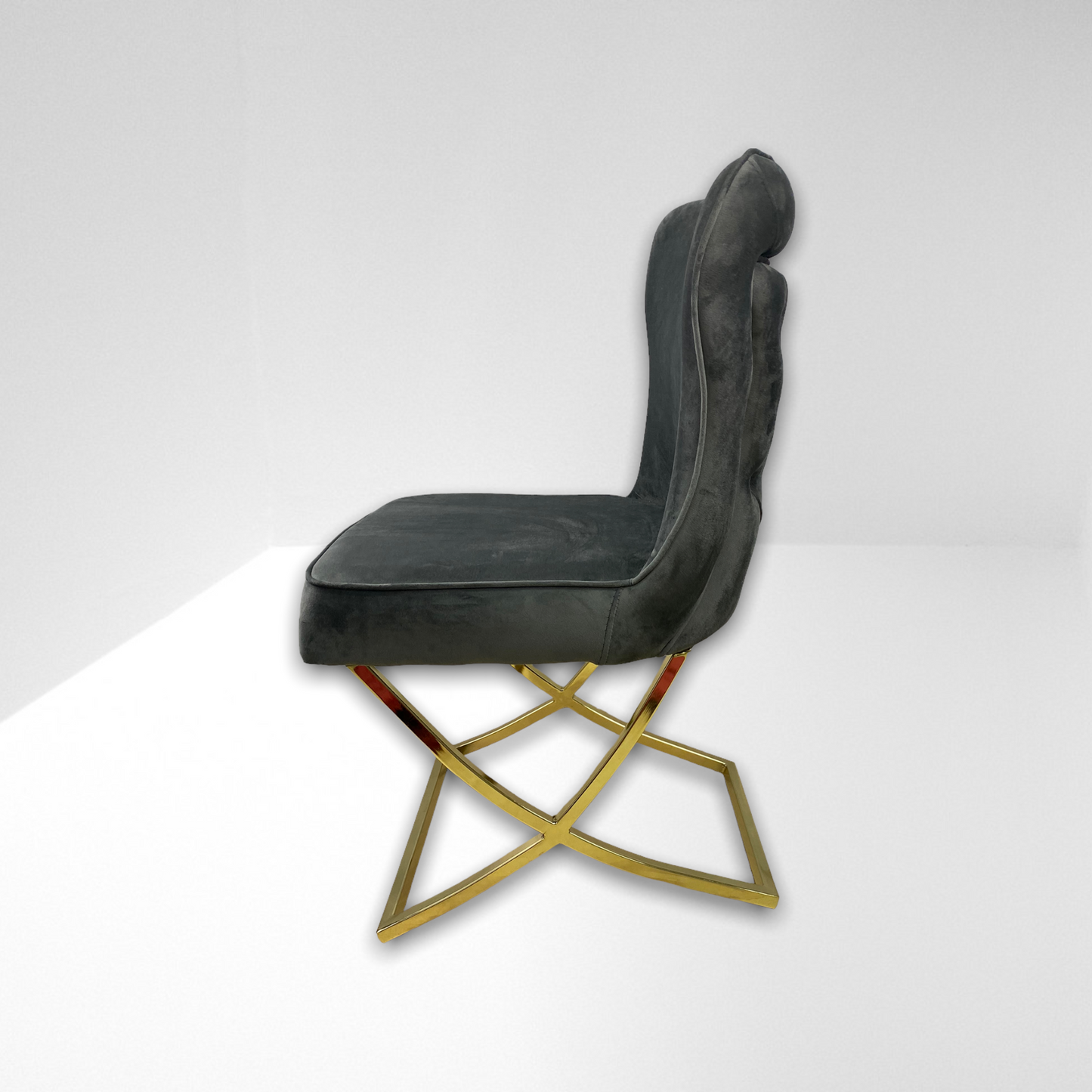 Silla terciopelo para comedor CLOWER SANDALYE V27  gris oscuro ganchos dorado, pata metal dorado