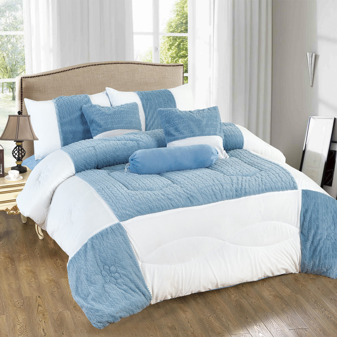 Edredón Aterciopelado con Borreguito MODELO TRAMA DE CANALÉ TRENZADO - COLOR AZUL