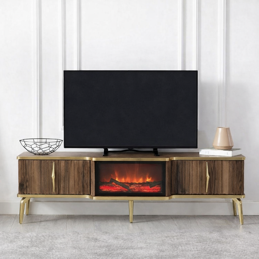 Mesa de TV con chimenea digital - COLOR MADERA CON DETALLES EN DORADO