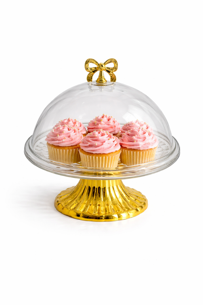 Prato com cúpula em plástico e base dourada com fita – Apresentação Premium