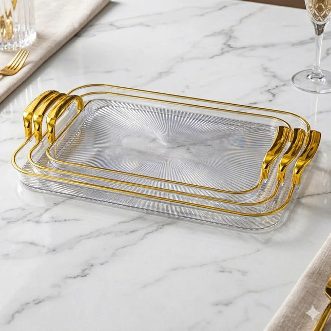 Set of 3 Plastic Trays with Gold Handles – Luxury and Style for Serving