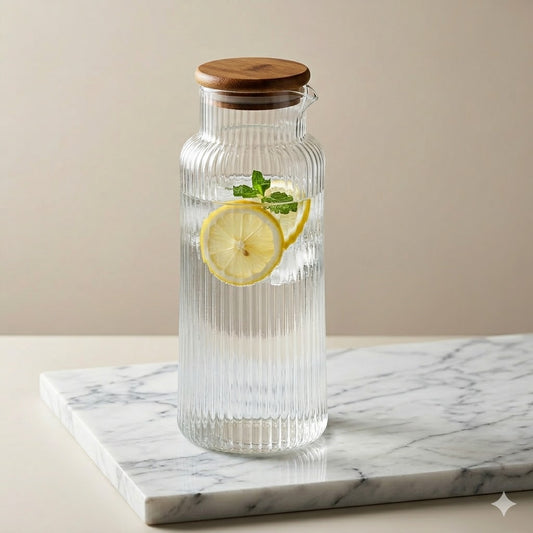 Jarra de Cristal con Estrías Verticales y Tapa de Bambú 1150ml