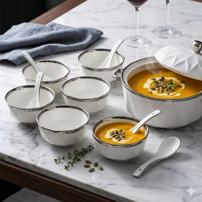 Set de Sopa de 15 Piezas BAVARY COLLECTION – Diseño Diamante con Acabado Plateado