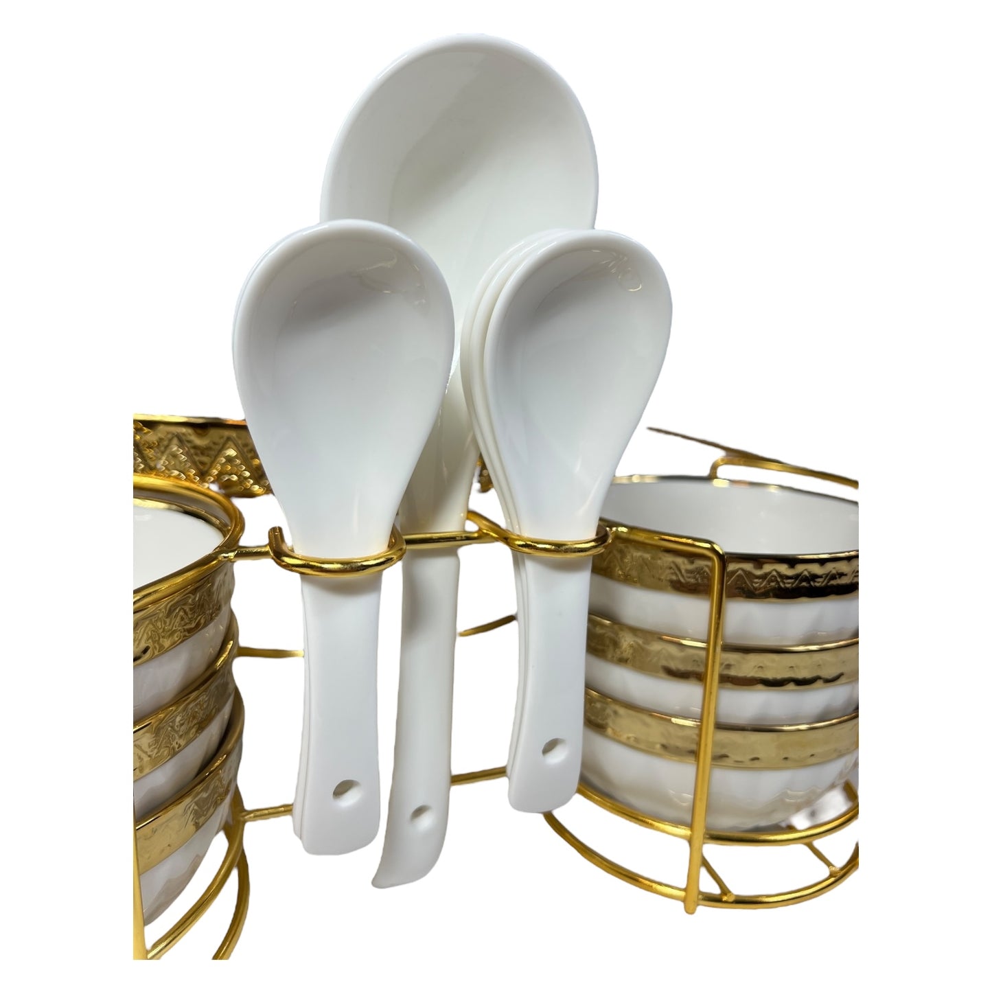 Conjunto de cozinha de 16 peças com suporte de metal – Caçarolas + Tigelas + Colheres – Estilo dourado elegante