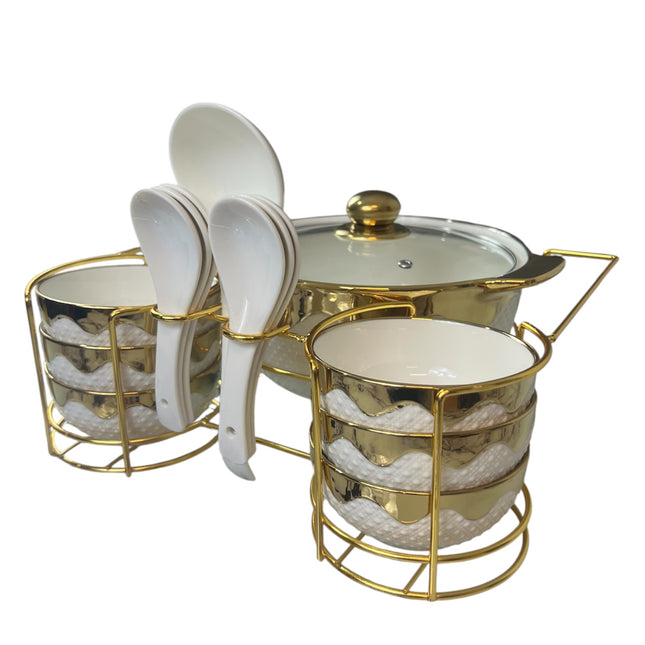 16-Piece Cookware Set with Metal Stand – Casseroles + Bowls + Spoons – Elegant Gold Style