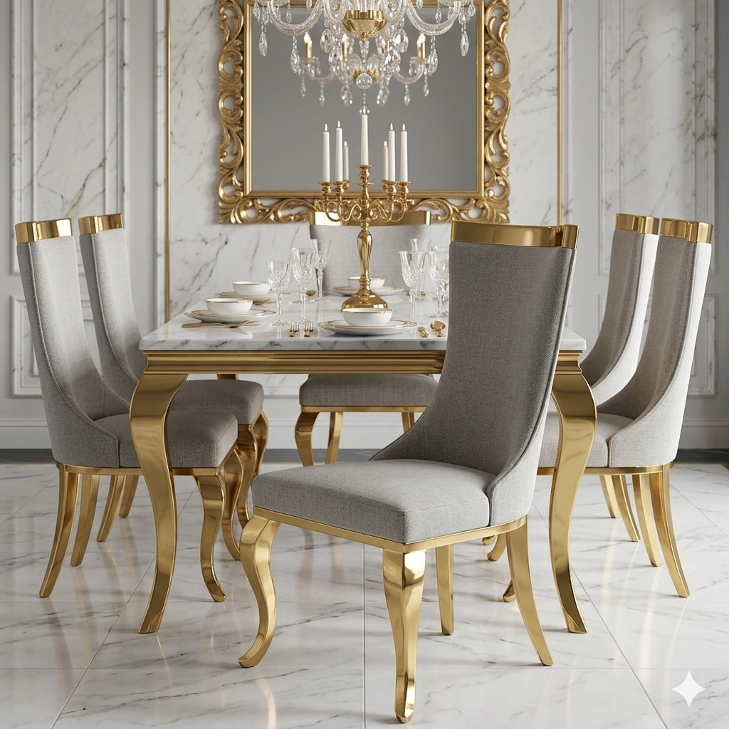 ✨ Cadeira MODELO NEFERTARI estofada em bege com acabamento dourado – Elegância moderna para o seu lar ✨