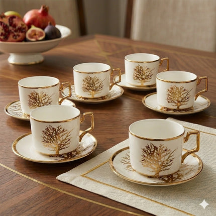 🌳 Conjunto de 6 xícaras com pires – Design Golden Tree ✨