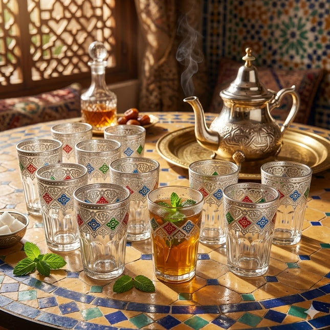 Chávena de vidro decorada para chá árabe - estilo oriental azul e dourado