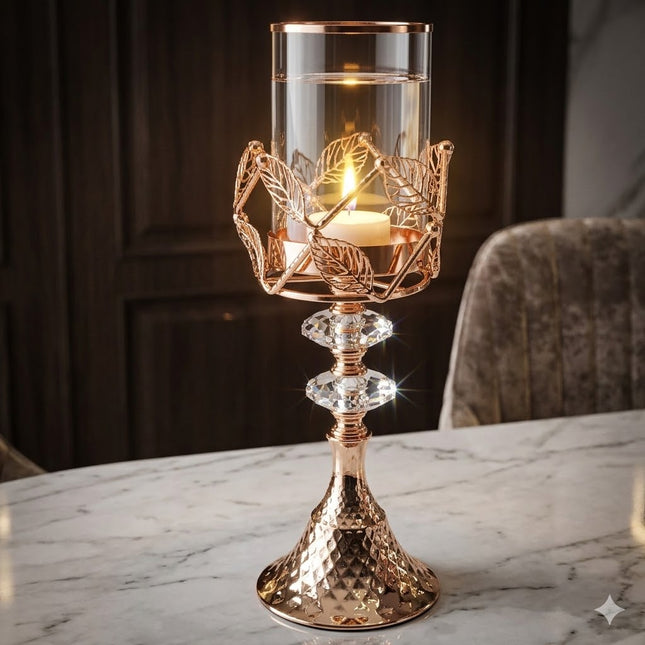 Portavelas de Cristal y Metal Dorado con Hojas Decorativas – 30 cm