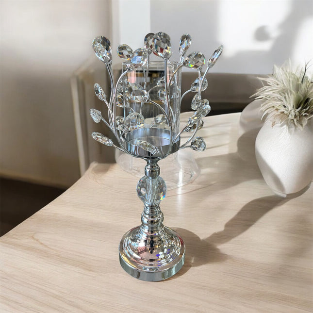 Portavelas de Cristal y Metal Plateado con Diseño de Ramas y Gotas Decorativas