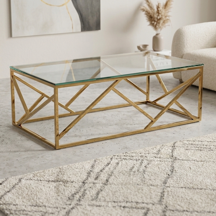 Mesa de centro de cristal y patas acero inoxidable dorado
