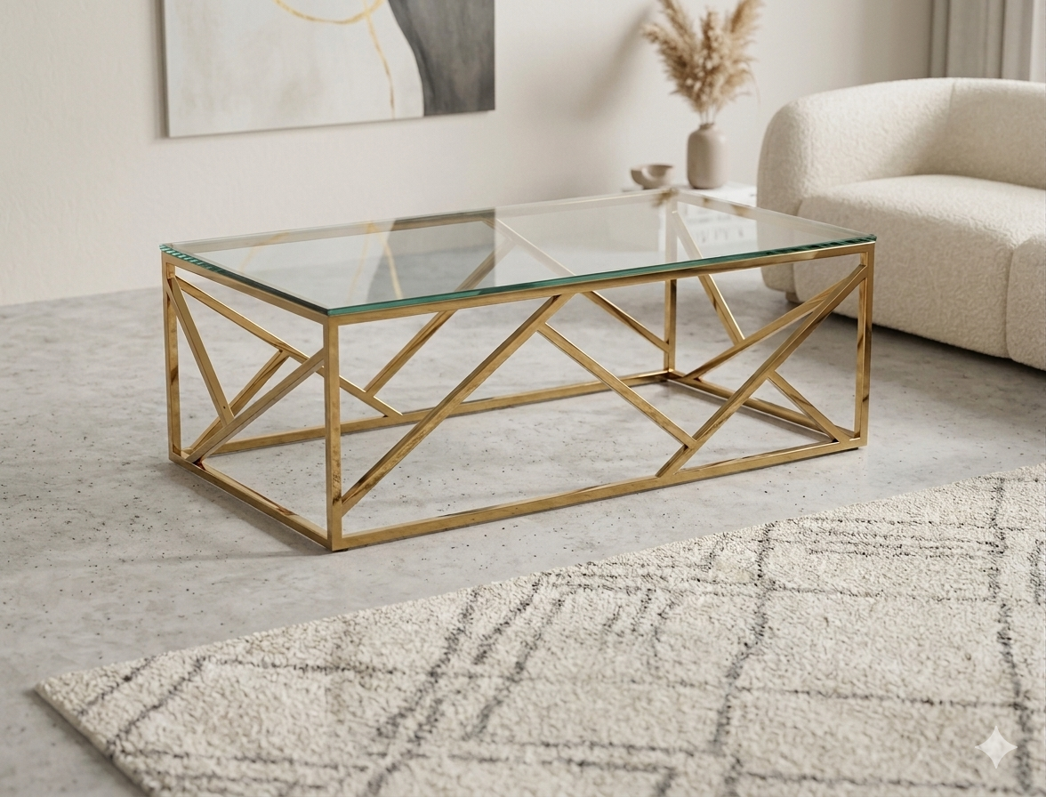 Mesa de centro de cristal y patas acero inoxidable dorado