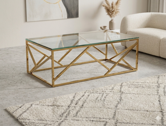 Mesa de centro de cristal y patas acero inoxidable dorado