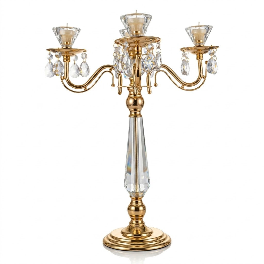 Candelabro de Cristal y Metal Dorado con 5 Brazos — Estilo Clásico y Lujo Brillante
