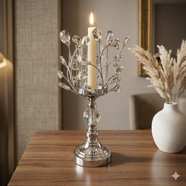 Portavelas de Cristal y Metal Plateado con Diseño de Ramas y Gotas Decorativas