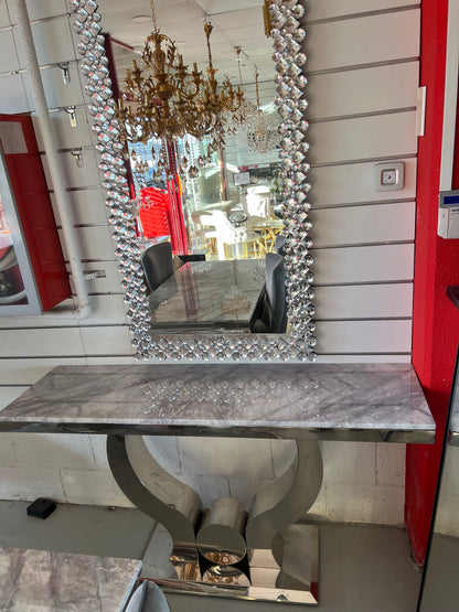 Mesa de Entrada de Mármol Gris y Acero Plateado – Consola 160 × 45 × 85 cm