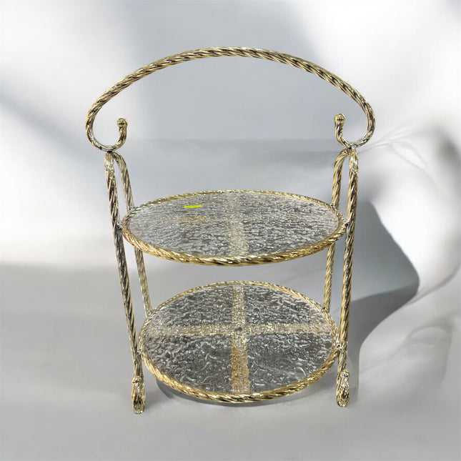 Soporte Decorativo de 2 Niveles con Bandejas de Cristal y Marco Dorado — Elegancia Clásica para tu Hogar