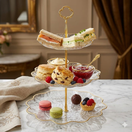 🍰 Soporte de Plástico de 3 Niveles con Bordes Dorados – Ideal para Postres y Aperitivos ✨