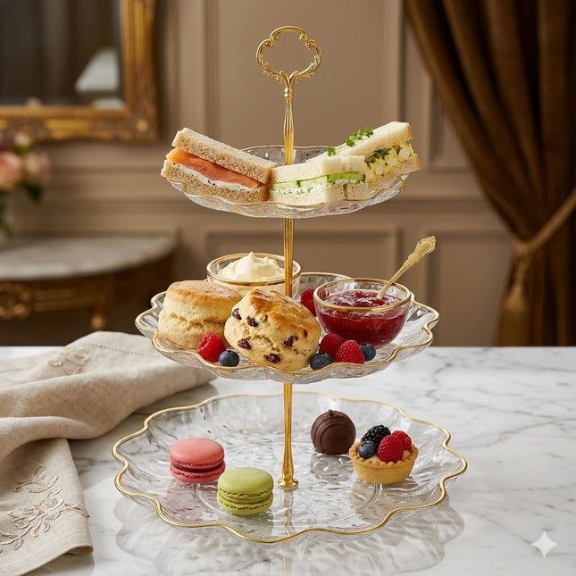 🍰 Suporte de plástico de 3 andares com bordas douradas – Ideal para sobremesas e aperitivos ✨