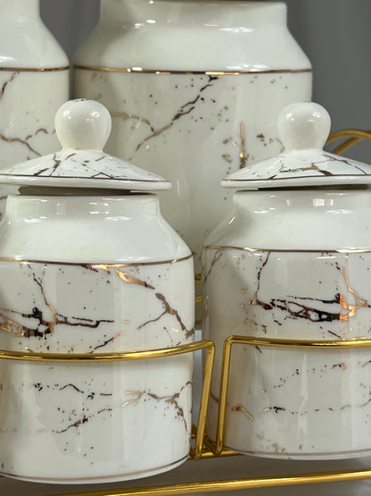 Set de 7 Botes de Cocina Mármol Blanco con Detalles Dorados – Elegancia y Orden