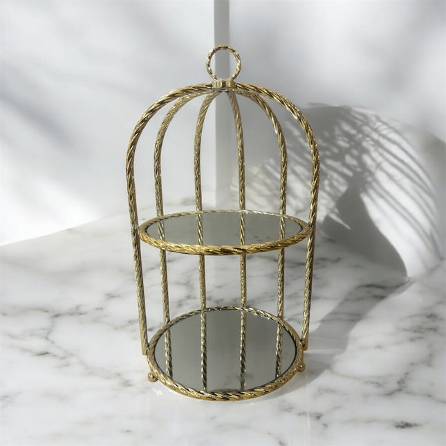 Prateleira dourada de 2 níveis com espelhos — Design elegante em forma de gaiola