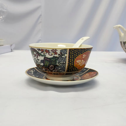 Juego de Sopa Oriental  – 3L-Tazón Grande con 6 Bowls, Platos y Cucharas (Diseño Tradicional Asiático)