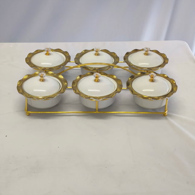 Set of 6 Porcelain Containers with Lids and Gold Base – Elegant Spice Rack for Table and Kitchen