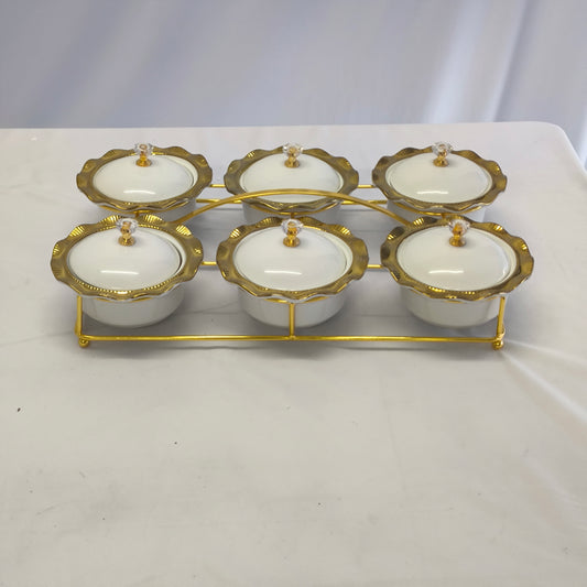 Set de 6 Contenedores de Porcelana con Tapa y Base Dorada – Condimentero Elegante para Mesa y Cocina