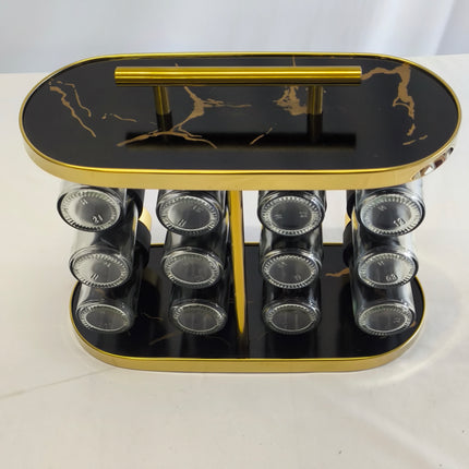 Organizador de Especiarias Premium com 12 Potes e Base Giratória – Design em Mármore Preto e Dourado