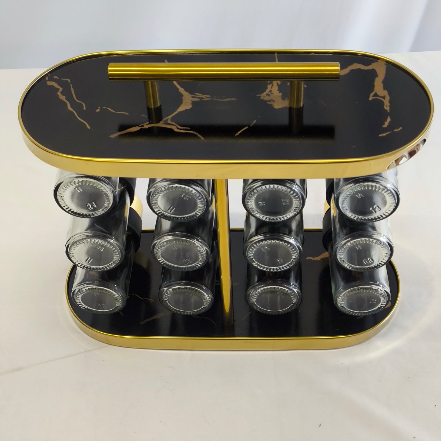 Organizador de Especias Premium 12 Frascos con Base Giratoria – Diseño Negro & Dorado Mármol