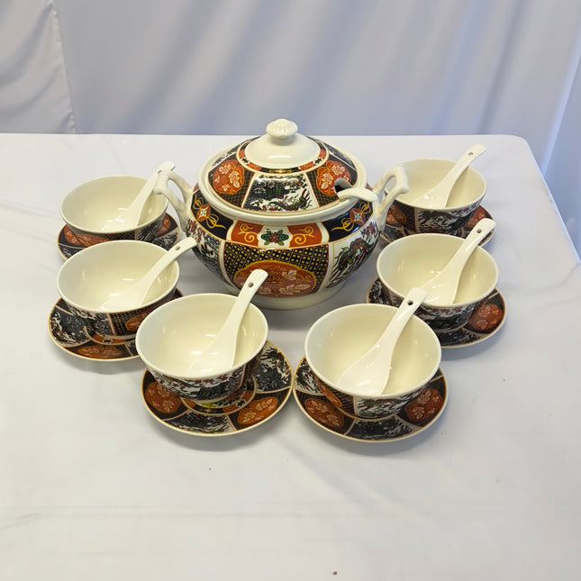 Oriental Soup Set – Large Bowl with 6 Bowls, Plates and Spoons (Traditional Asian Design)