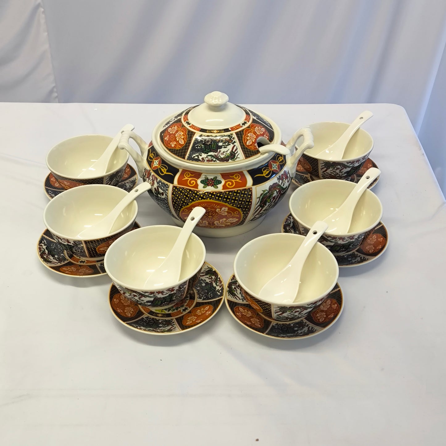 Juego de Sopa Oriental  – Tazón Grande con 6 Bowls, Platos y Cucharas (Diseño Tradicional Asiático)