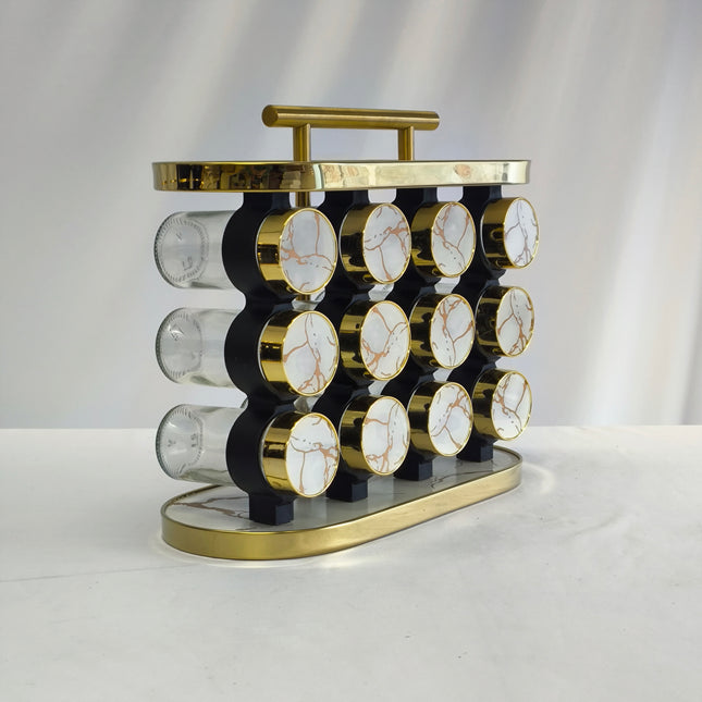 Deluxe Spice Organizer for 12 Jars – White Marble &amp; Gold Design