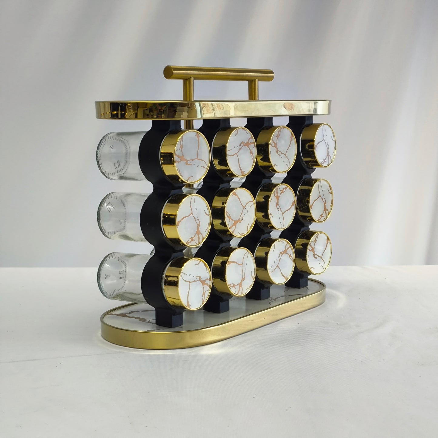 Organizador de Especias Deluxe 12 Frascos – Diseño Blanco Mármol & Dorado