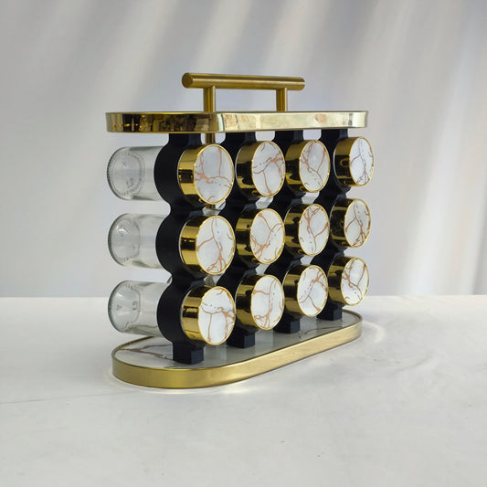 Organizador de Especias Deluxe 12 Frascos – Diseño Blanco Mármol & Dorado