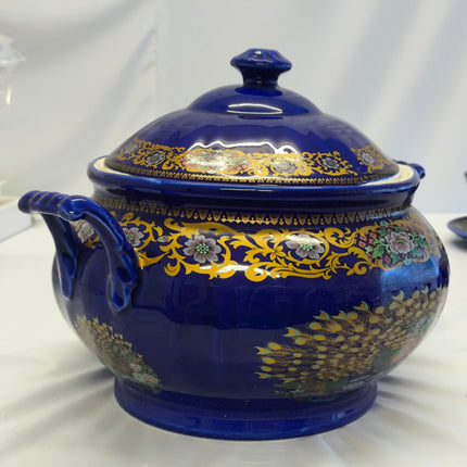 Royal Blue Soup Tureen Set with 6 Bowls and Spoons – Gold Peacock Details