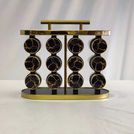 Organizador de Especiarias Premium com 12 Potes e Base Giratória – Design em Mármore Preto e Dourado