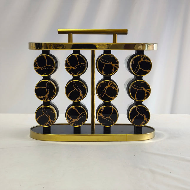 Premium Spice Organizer with 12 Jars and Rotating Base – Black &amp; Gold Marble Design