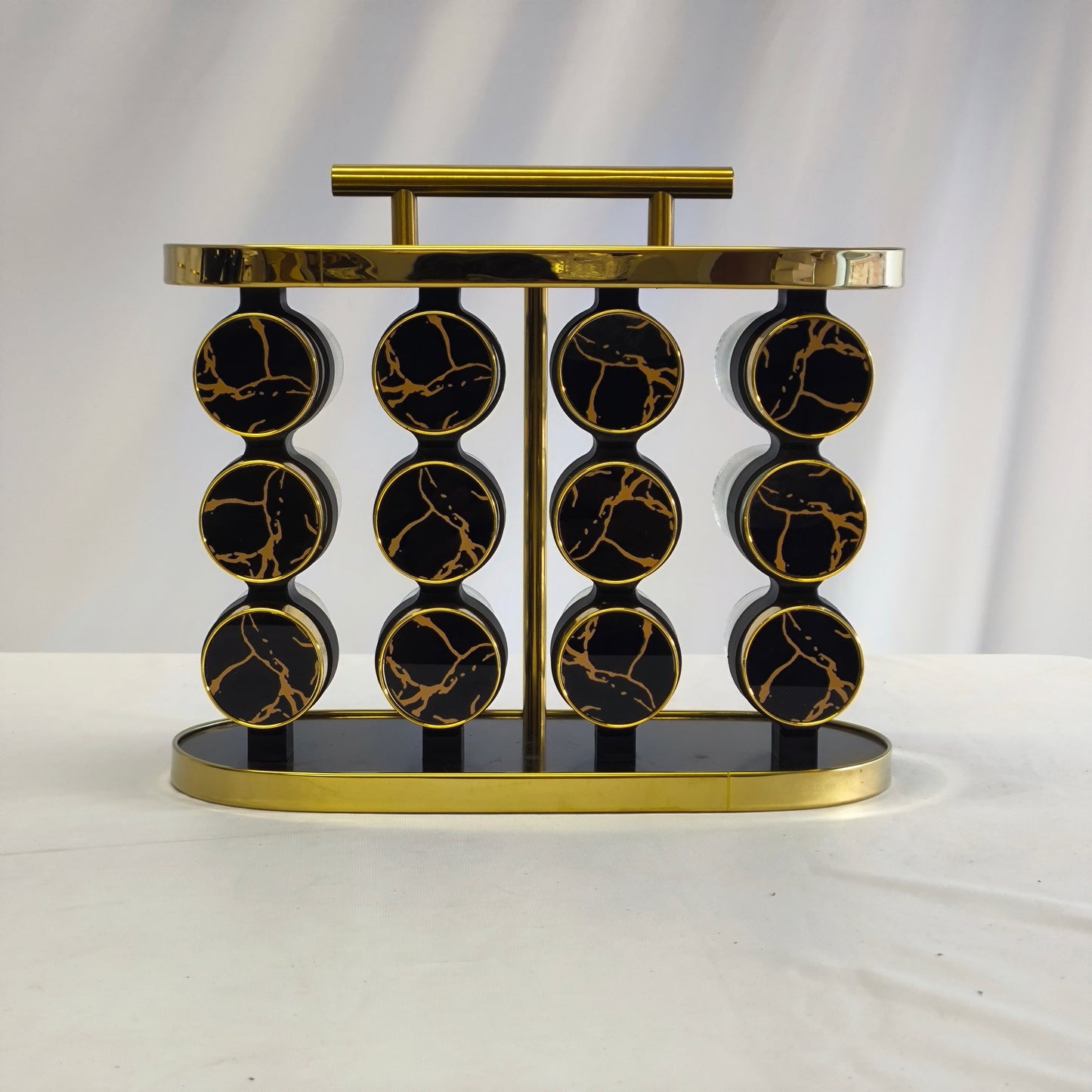 Organizador de Especias Premium 12 Frascos con Base Giratoria – Diseño Negro & Dorado Mármol