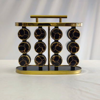 Organizador de Especias Premium 12 Frascos con Base Giratoria – Diseño Negro & Dorado Mármol