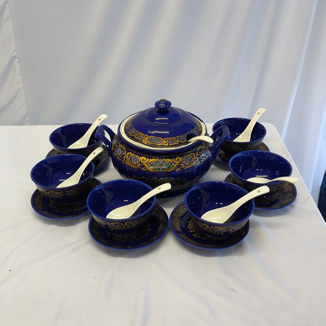 Royal Blue Soup Tureen Set with 6 Bowls and Spoons – Gold Peacock Details