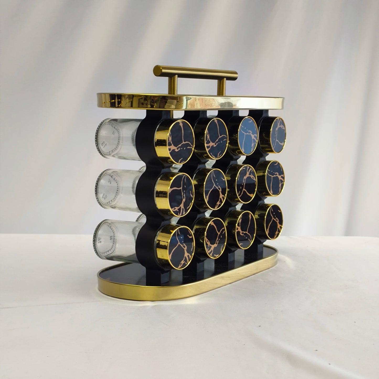 Organizador de Especias Premium 12 Frascos con Base Giratoria – Diseño Negro & Dorado Mármol
